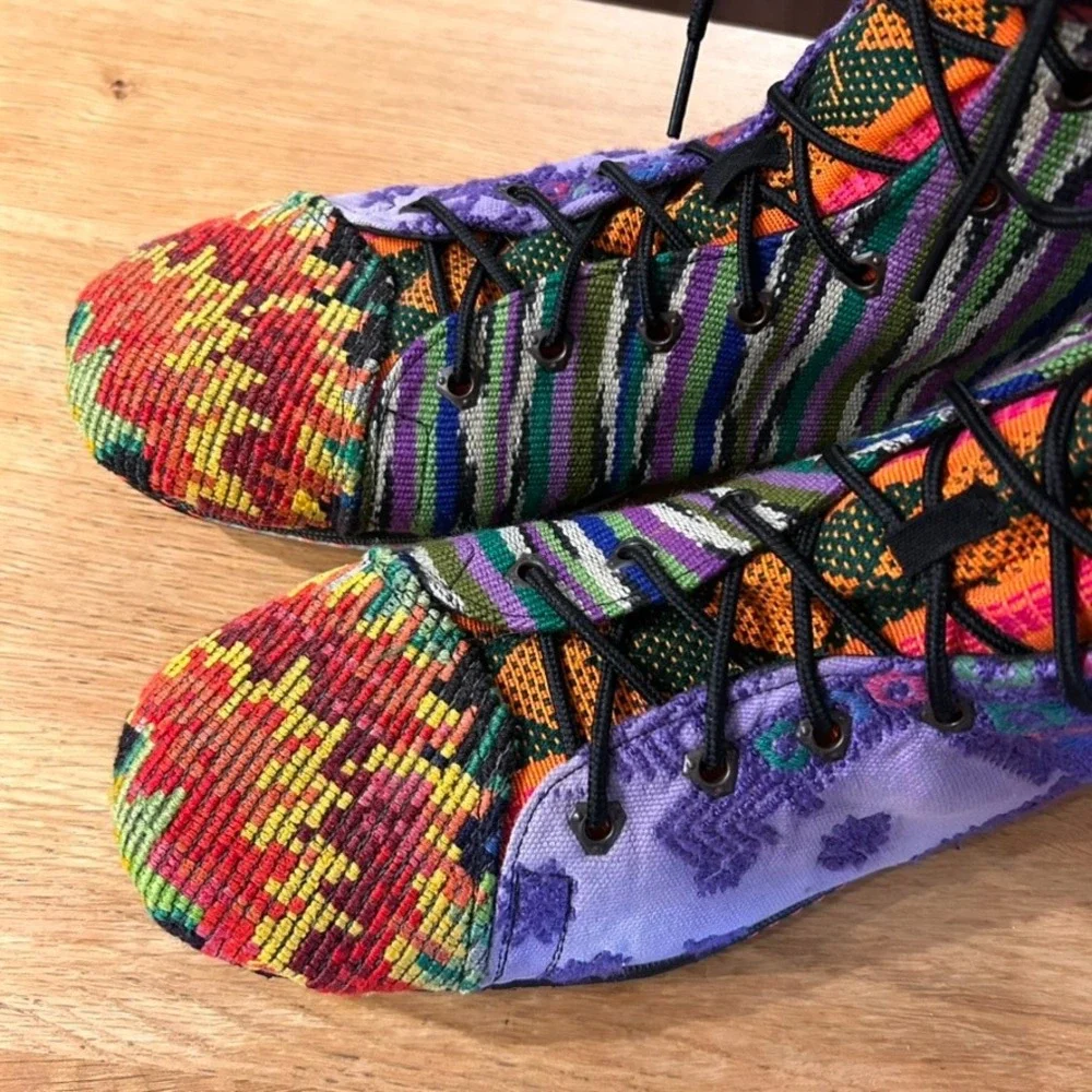 Handmade Guatemalan Huipil Boots Mens 11.5 45 Multi Color Woven Textile Lace Up